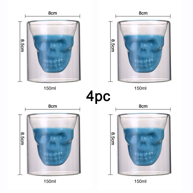 Vodka-shot glas whisky kristall kopp bar vin öl kopp dödskalle huvud transparent drinkware bar dubbelvägg karaff värmebeständig: L -150ml-4 st