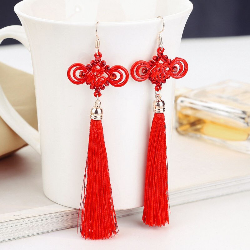 chinese traditional red tassel fringe earrings