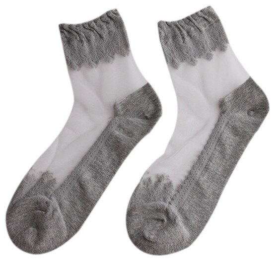 HENGSONG 1Pair Women sport socks Lace Ruffle Ankle Sock Soft Sheer Cotton Mesh Knit Ankle Socks Female Fitness gym yoga socks: grey