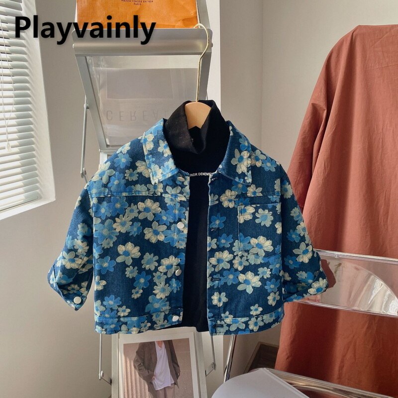 2021 stile coreano nuovo autunno bambini ragazze ragazzi cappotto blu Jacquard tessuto maniche lunghe giacca di jeans bambini moda calda Top E022