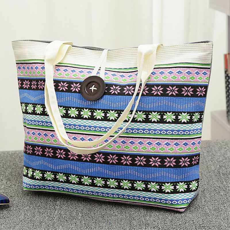 Gratis Winkelen Handtas Vrouwen Meisjes Canvas Grote Gestreepte Zomer Schouder Tote Strandtas Gekleurde Strepen: Blauw