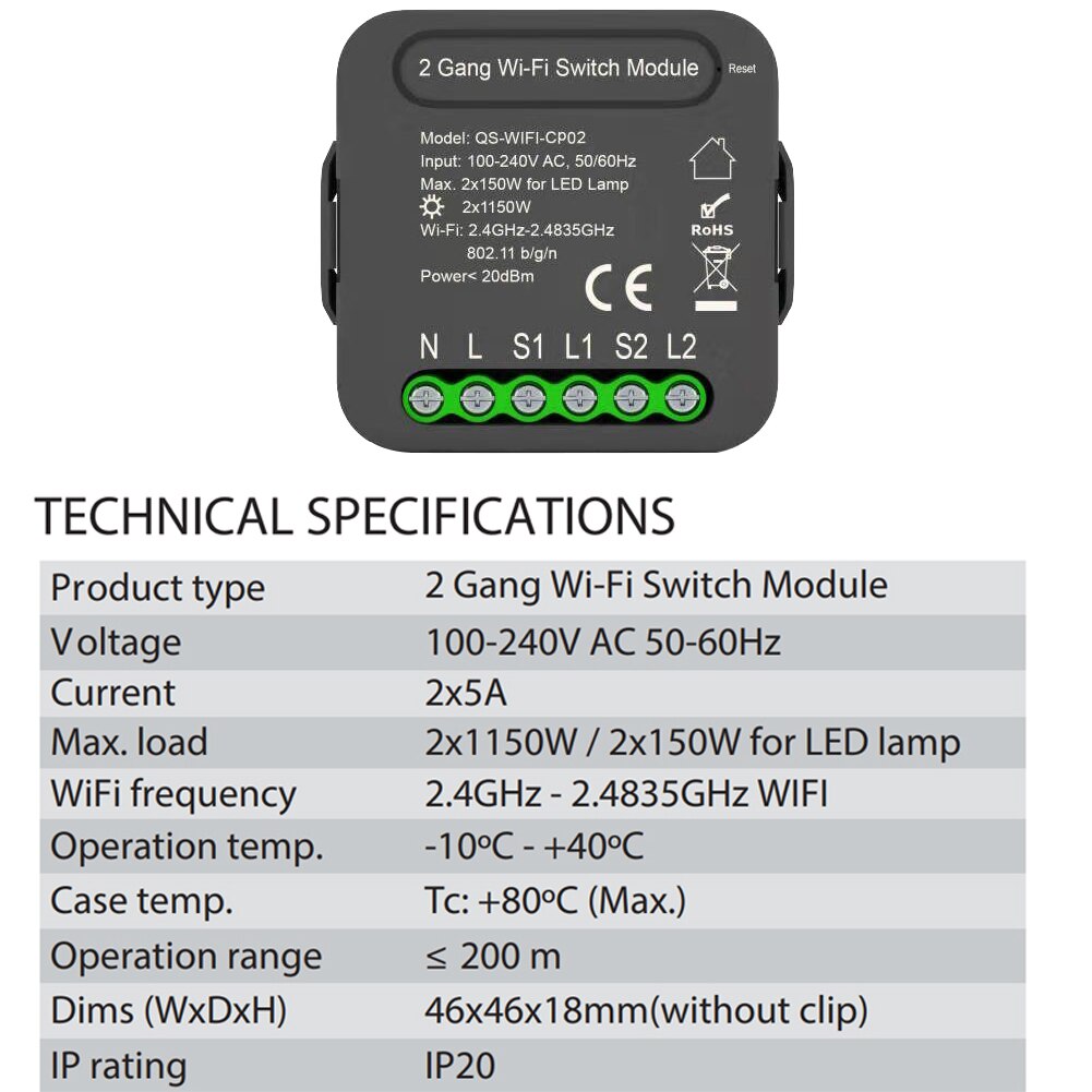 QS-WIFI-CP02 Tuya WiFi Intelligent Switch Module Intelligent Home Electrical Appliance Conversion Module 2 Gang Lighting Switch