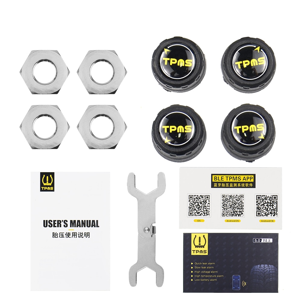 Bluetooth 5.0 Tpms Auto Bandenspanning Monitor System Met 4 Sensoren Voor Ios Android Mobiele Telefoon App Monitoring Alarm