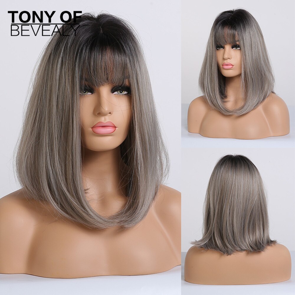 Pelucas de pelo largo liso ombré marrón ceniza Lolita parte lateral para mujeres Afo pelucas de pelo Natural para uso diario pelucas sintéticas resistentes al calor: lc246-1