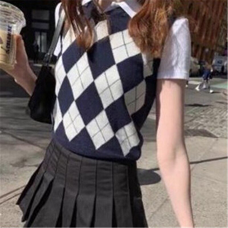 Preppy stil geometrisk plaid strikket vest sweater kvinder efterår vinter v-hals ærmeløs pullover dame sweater toppe