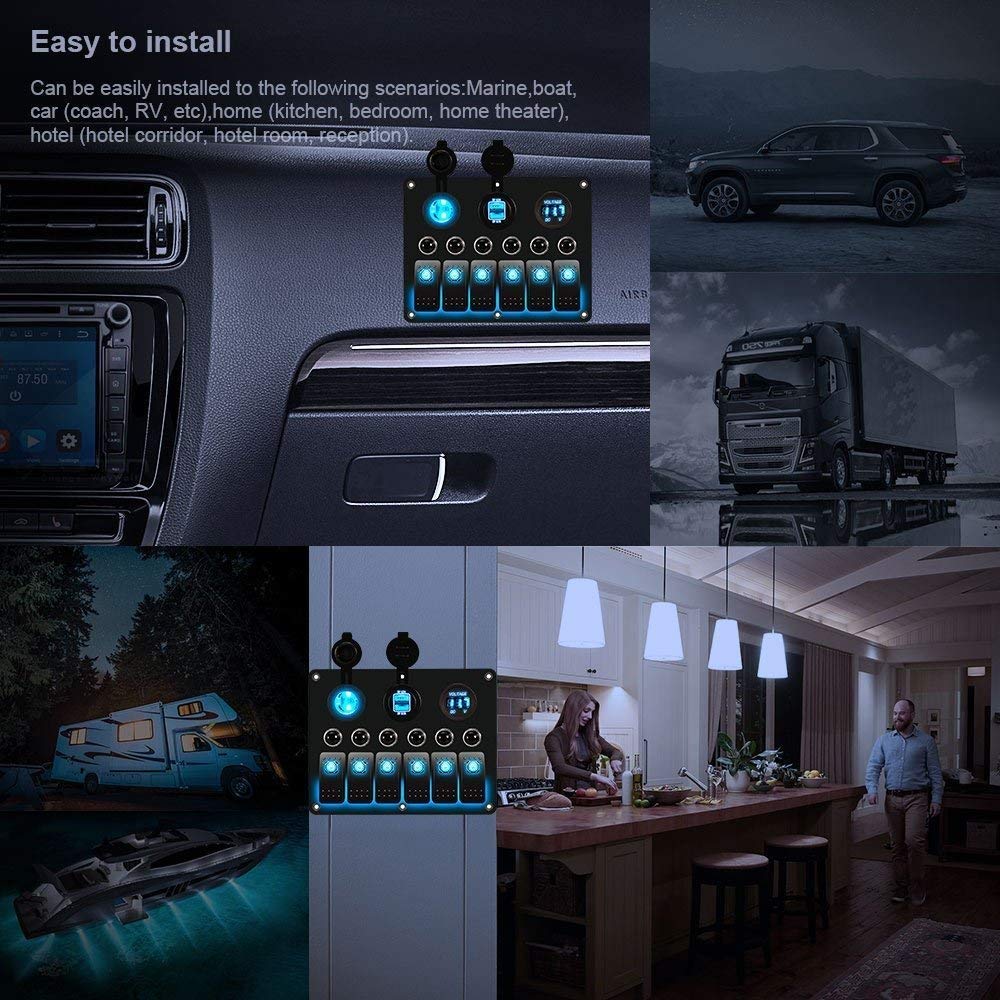 6 Gang Car Marine Boat Circuit RV LED Toggle Rocker Switch Panel Breaker Voltmeter with Fuse Double USB