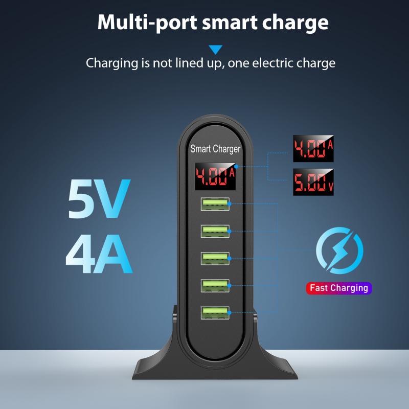5 Port USB Charger HUB LED Display Multi USB Charging Station Dock Universal Mobile Phone Desktop Wall Home EU UK Plug
