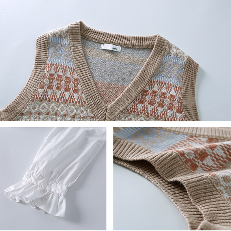 Tröja väst dam chic geometrisk retro v-ringad preppy höst tonåringar ärmlösa stickade plagg mjuk snygg harajuku trendig dam