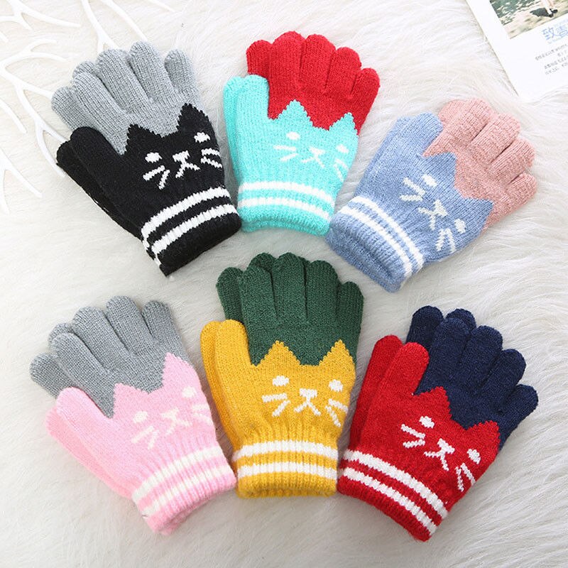 Cue Crianças Meninos Meninas Gato Luvas Quentes de inverno Moda Dos Desenhos Animados Suave Grosso Magia Elástico Malha Luvas Mittens Crianças Luvas 4 -8 T