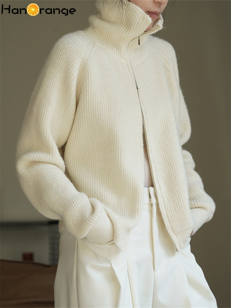 HanOrange 2024 Dolcevita invernale con spalle scoperte Cardigan lavorato a maglia da donna Doppia cerniera maglione allentato femminile bianco/grigio/caffè scuro: WHITE