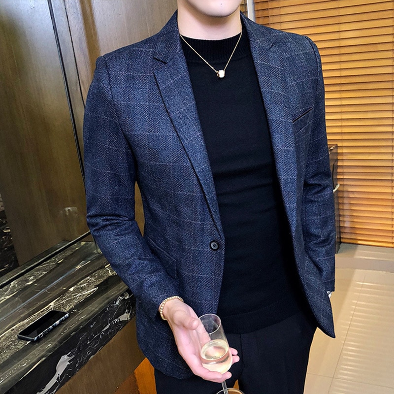 Vintage rutig kavaj brittisk snygg manlig kavaj kostymjacka business casual kavaj med en knapp för män vanlig abrigo hombre