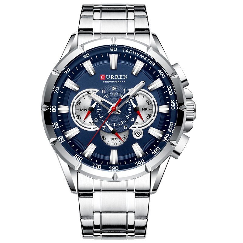 Curren herenhorloges topmerk luxe chronograaf quartz herenhorloge waterdicht sportpolshorloge heren roestvrijstalen mannelijke klok: Blauw