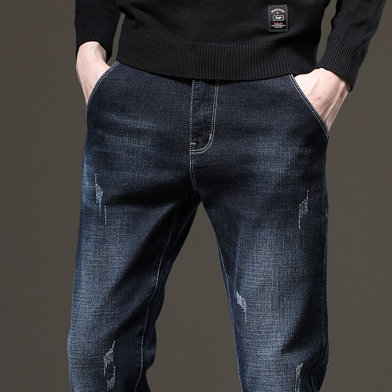 Markowe dżinsy dla mężczyzn jesienno-zimowa regularne proste długie spodnie Casual Fashion Mid czarne dżinsy Hommes Jeans Man Big Size 36 38
