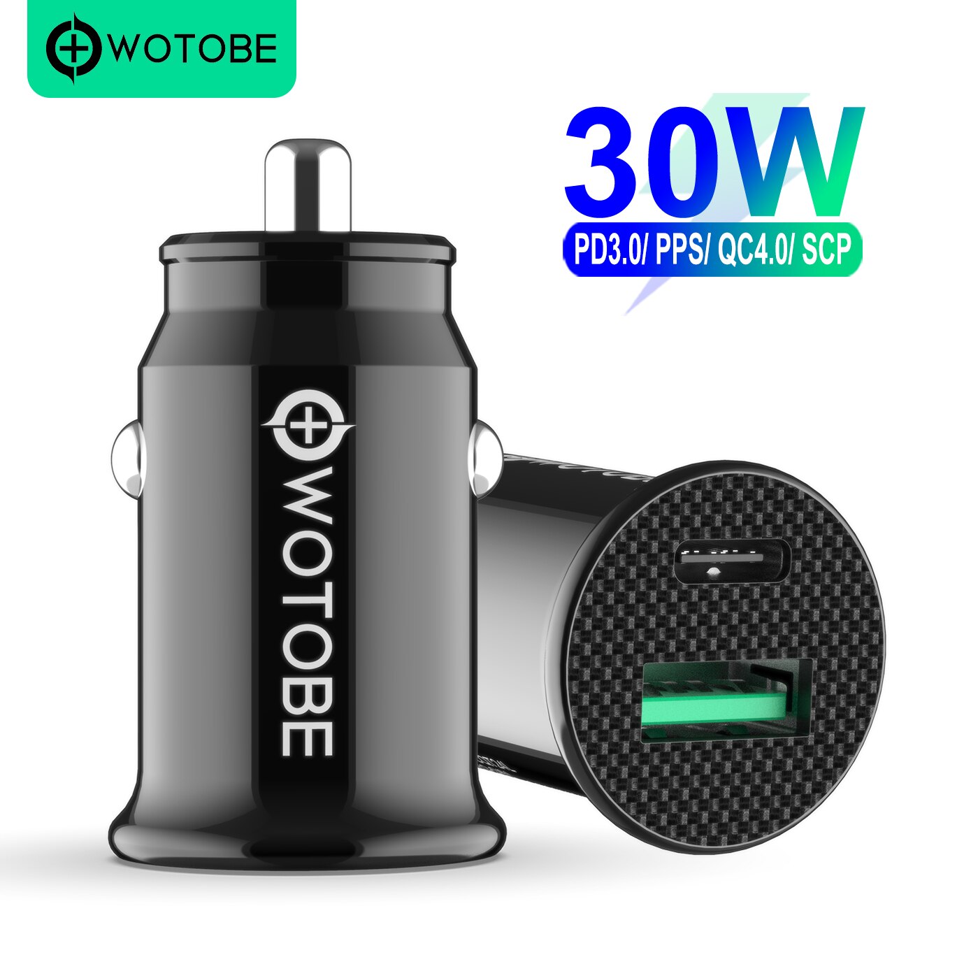 Wotobe 2-Poort 30W Autolader, usb C PD3.0/Pps/QC4.0 30W/25W/20W/18W,QC3.0/Scp/Afc 22.5W Voor Iphone 12 Ipad Samsung Huawei Xioami