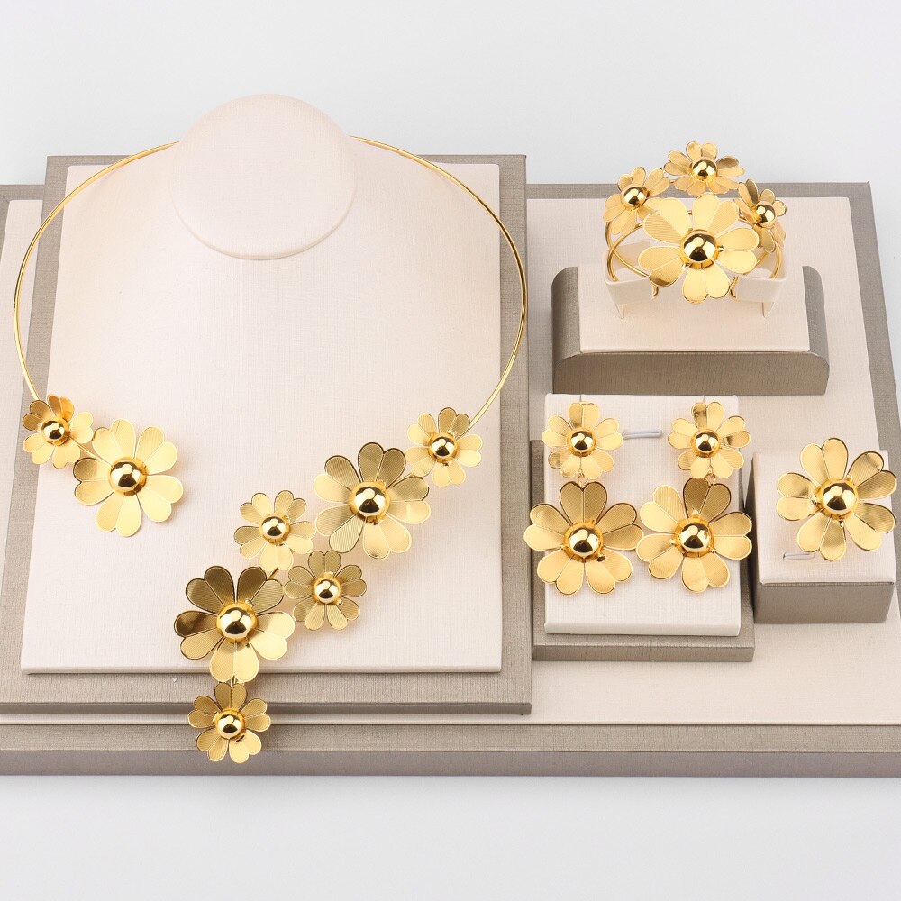 Ensemble de bijoux de mariée de dubaï, fleur de luxe, couleur or, collier rond, boucles d&#39;oreilles, bijoux de mariage, bague, bague, Nigeria: SMT317
