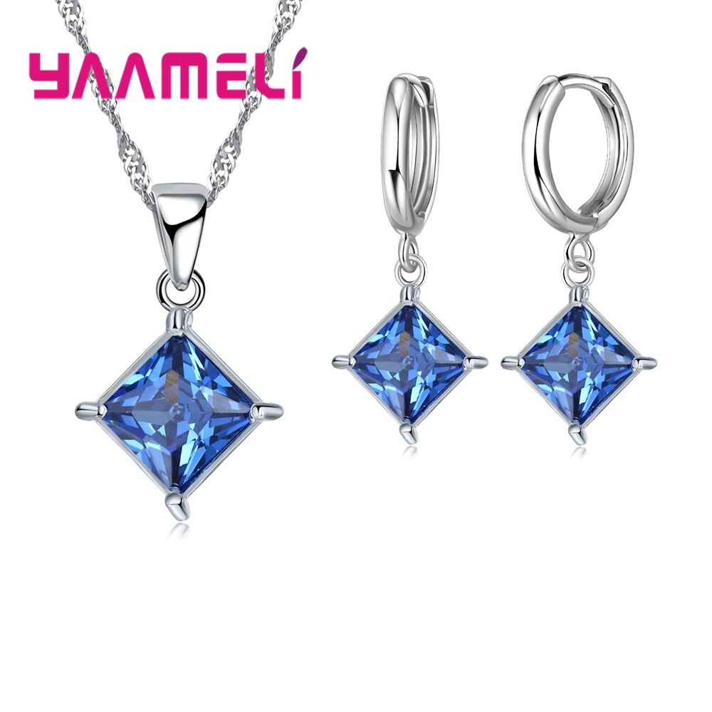 Authentieke 925 Sterling Zilveren Glanzende Cz Geometrische Klassieke Vierkante Huggie Oorbellen Ketting Sets Voor Vrouwen Fijne Sieraden: Blue