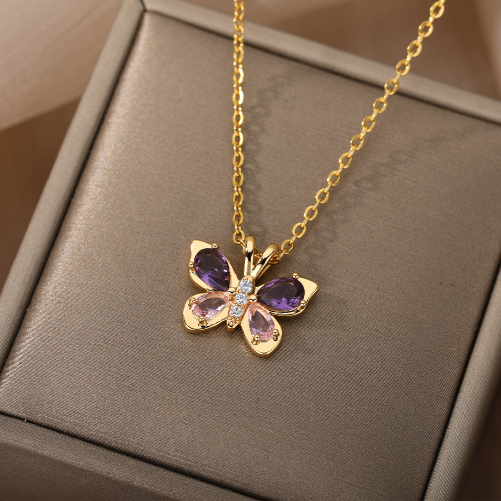 Nette Schmetterling Halskette Für Frauen Kristall Lila Schmetterling Ästhetischen Halsketten Charme Halsband Partei Edelstahl Schmuck