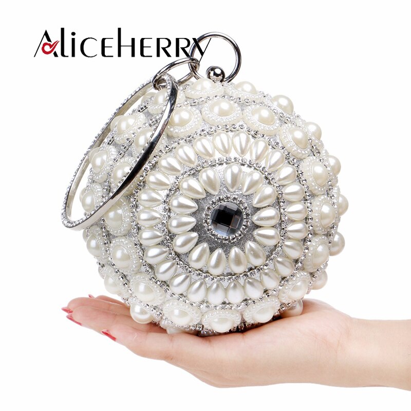 Sac à main de luxe pour femmes, pochette de soirée boule ronde de styliste, sac à main de perles, sac à chaîne de diamant de cristal argent de mariée