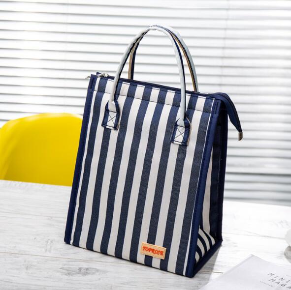 Wasserdichte Leinwand Mittagessen Taschen Für Frauen freundlicher Männer Kühler Mittagessen Kasten Tasche Tote Tragbare Isolierung Paket Lebensmittel: Blau Streifen