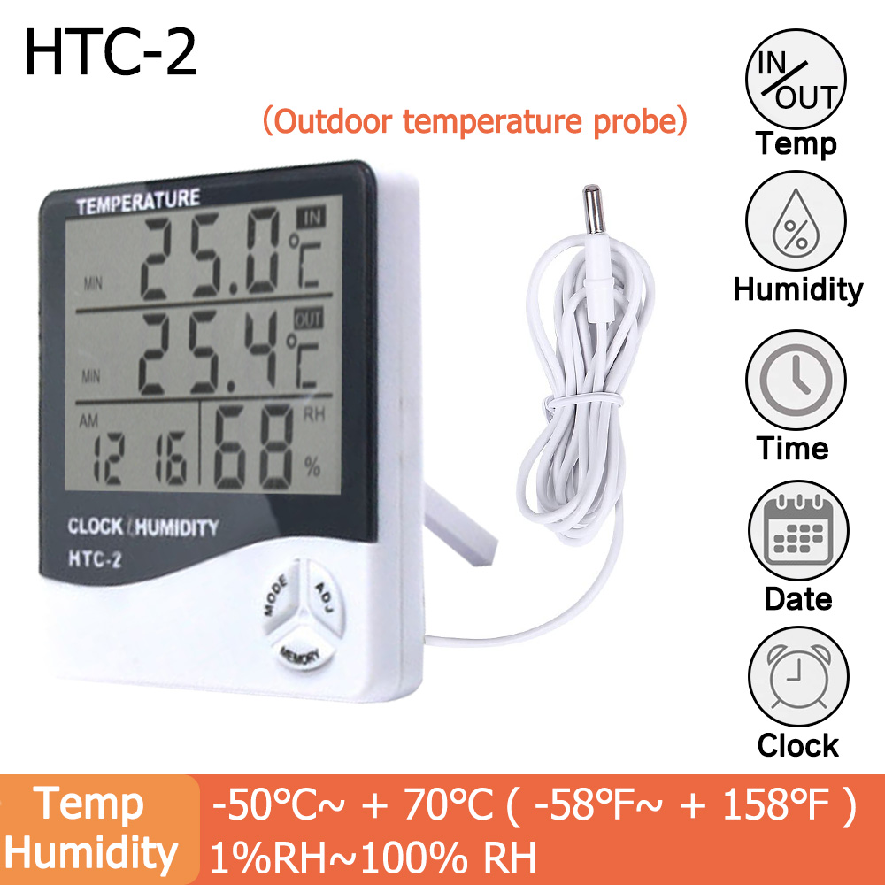 Digital LCD Temperature and Humidity Meter Indoor Outdoor Electronic Thermometer Hygrometer Humidity Gauge with Weather Clock: HTC-2