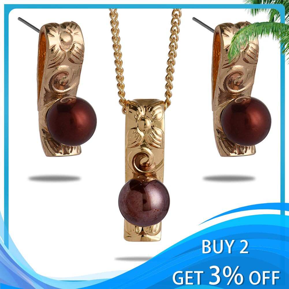 SophiaXuan Hawaiian Jewelry Set Pink Pearl Necklace Polynesian Necklace Samoa Gold Plated Earrings Set for Women