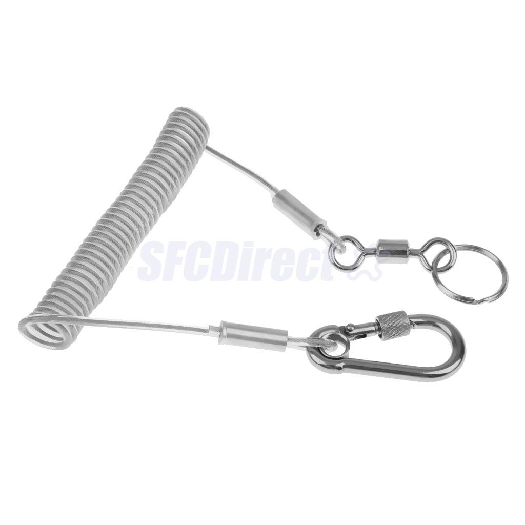 1.4M Retractable Steel Wire Coiled Lanyard Safety Rope with Swivel Carabiner Fishing Boating Camping Cord