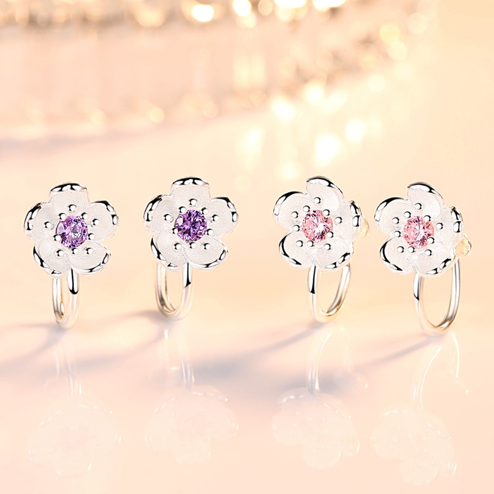 Korea Style Crystal Cherry Blossom Flower Clip on Earrings Without Piercing for Girls Party Sweet Silver Color No Hole Ear Clip