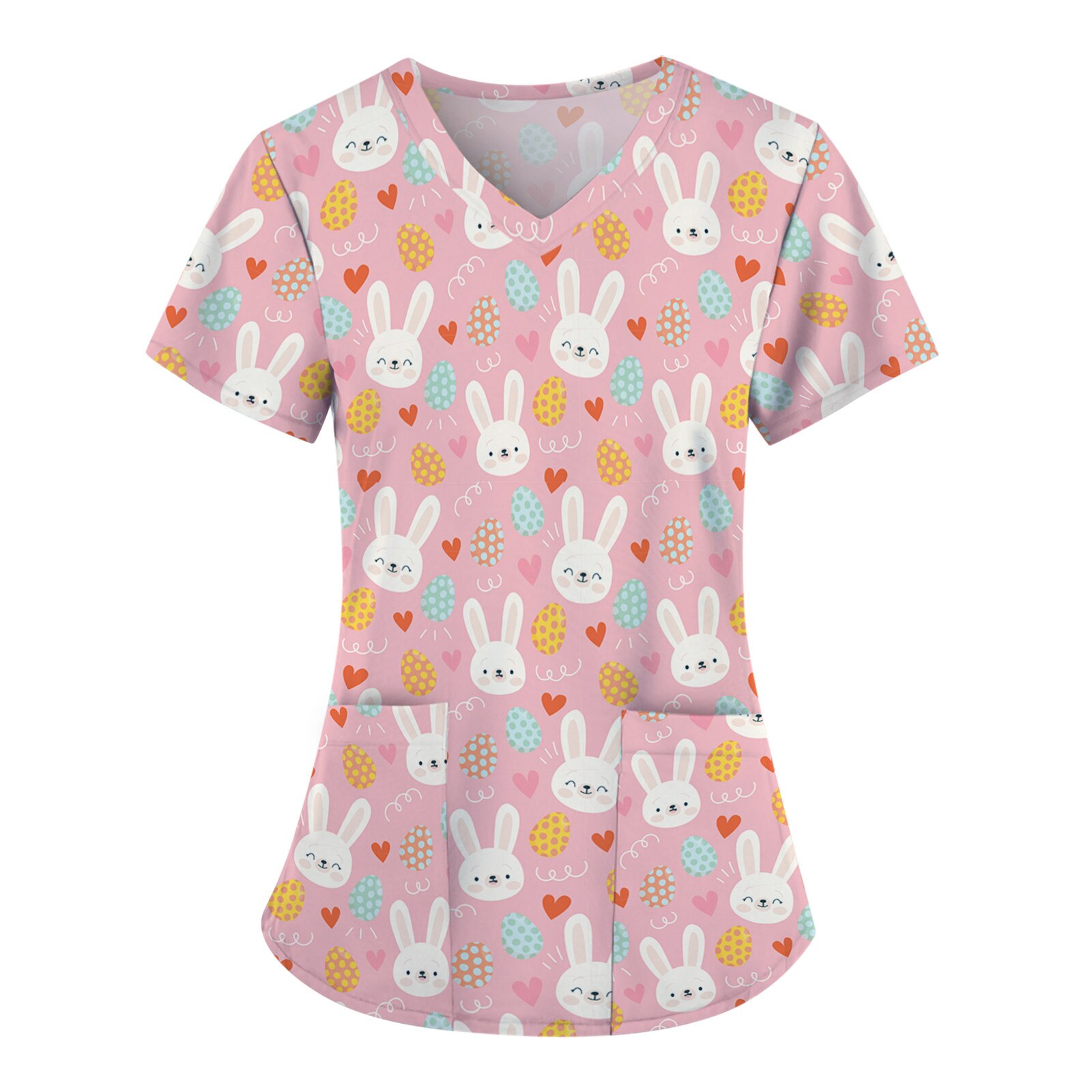 Women Blouse Short Sleeve V-neck Cartoon Pattern Tops Cotton Nursing Working Uniform With Pocket Shirts Femme Tops