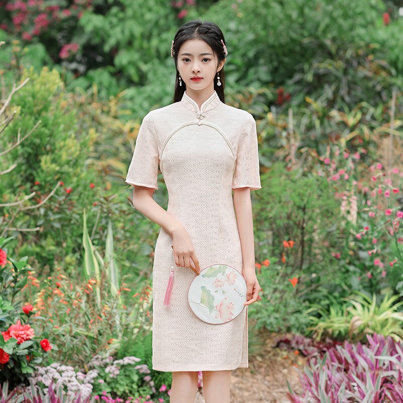 FZSLCYIYI-Qipao largo hasta la rodilla para mujer, Cheongsam de boda, cuello mandarín tradicional, manga corta, hojas de encaje