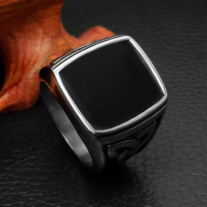 Vintage sorte onyx stenringe punk titanium stål firkantet ring mænd sølv farve til mandlige smykker vintage bryllupsfest