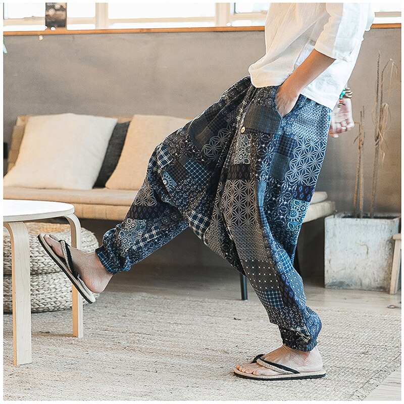 Miesten haaremihousut haarataskut lenkkeilijät printti vapaa-ajan housut miesten löysät hip hop roikkuvat boho puuvillapellavat leveät lahkeet housut