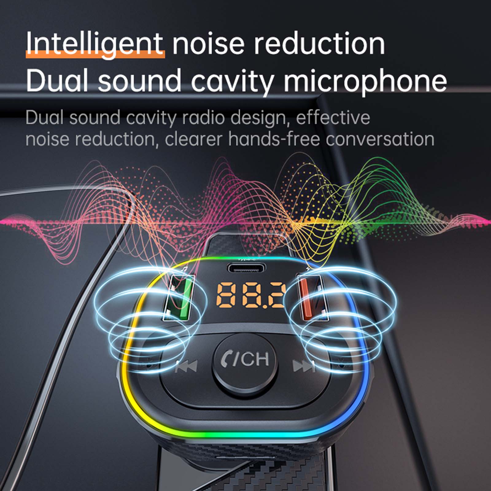 LED Backlit Bluetooth-compatible FM Transmitter Car MP3 USB+Type C 5V Charger Compatible with 12-24V Vehicles Durable