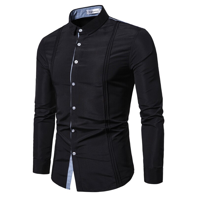 Casual Shirts Men Stitching Denim Long Sleeve Dress Shirt Chest Fold Daily Business Social Camisas 3XL