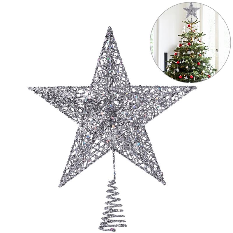20Cm Zilveren Ster Kerstboom Topper Shimmery Vijf Point Star Kerstboom Topper Kerstboom Decoratie Navidad