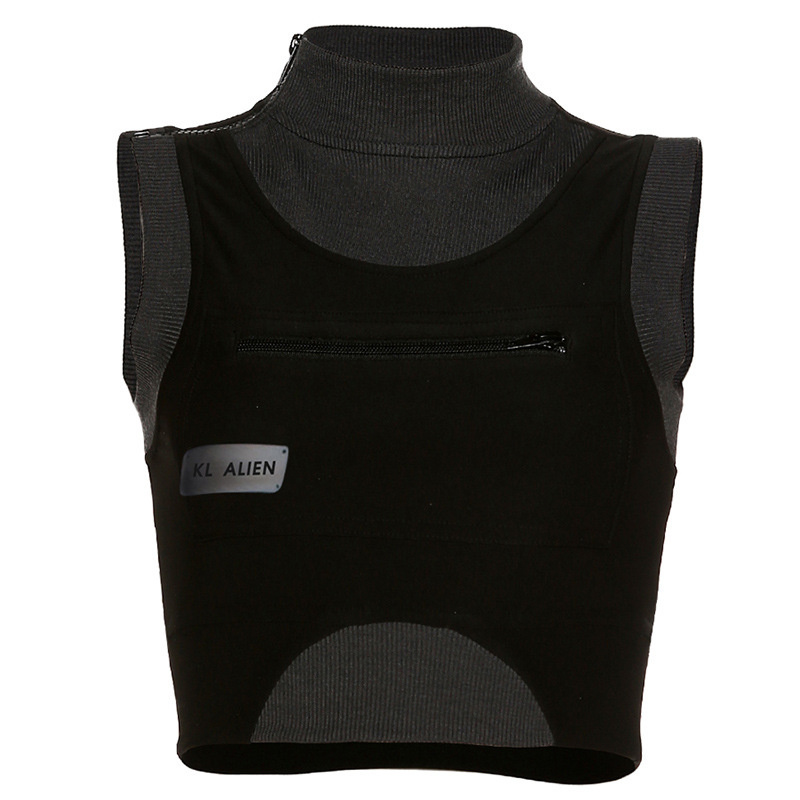 Ctrllock Techwear Punk Mouwloze Elastische Kleur Patchwork Pocket Vrouwen Tank Tops Zomer Streetwear: M