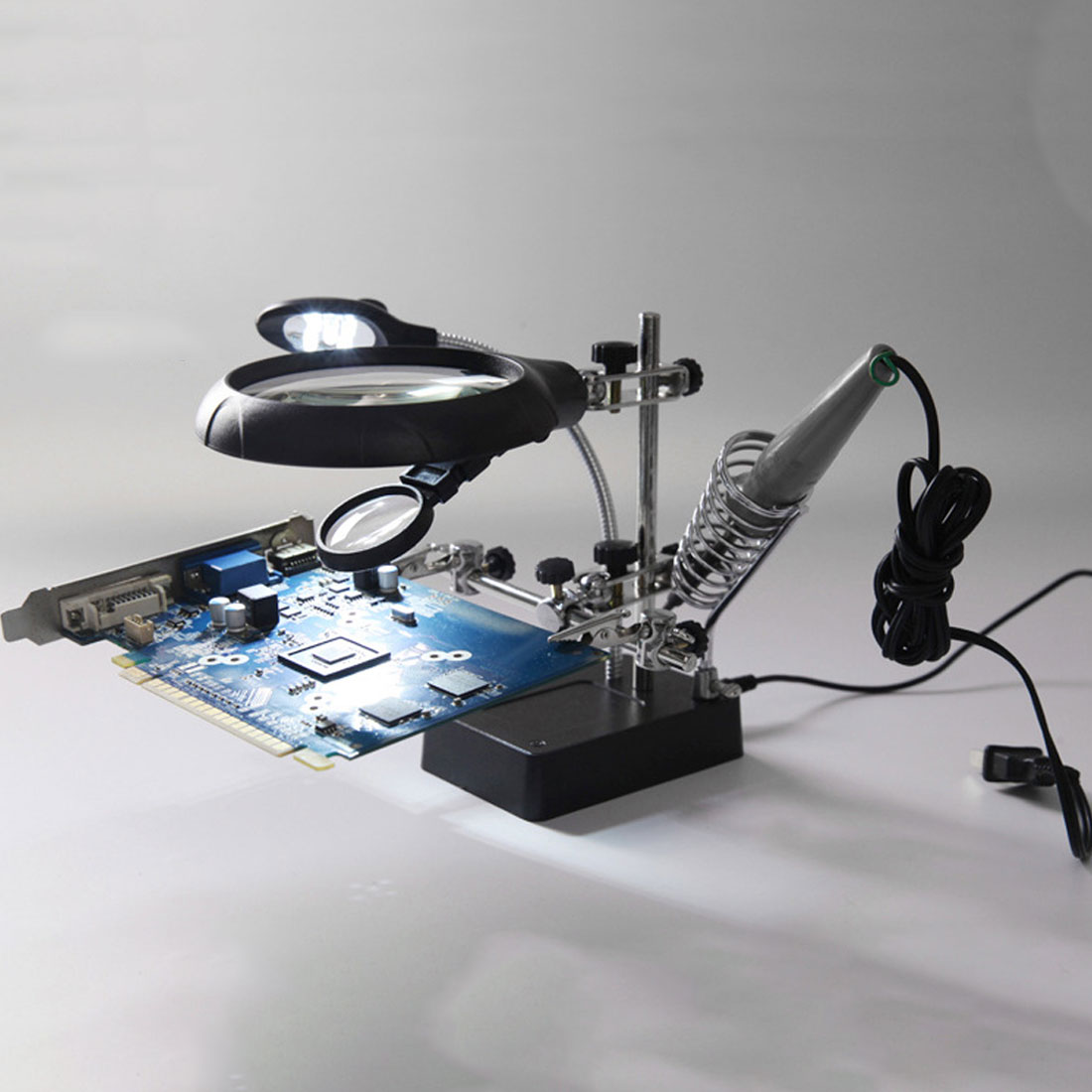 2.5X, 7.5X, 10X Welding Magnifying Glass with 5 LED Auxiliary Clip Loupe Desktop Magnifier Third Hand Soldering Repair Tool