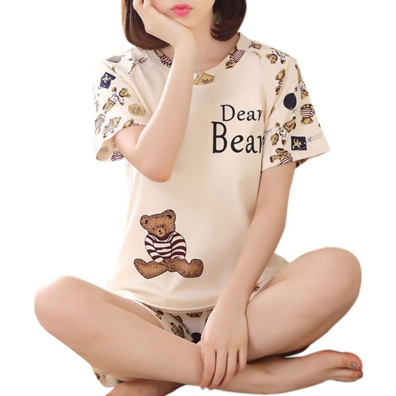 Women Cartoon Pajamas Short Sleeve Cotton Pyjamas Set Home Nightwear Sleepsuit: Little Bear / XL