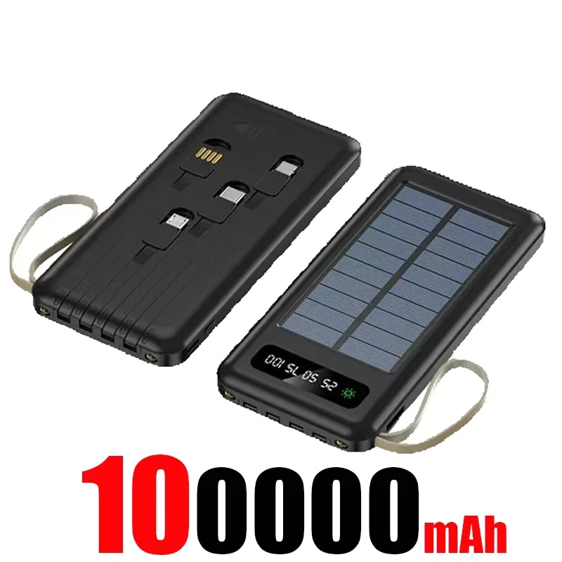 500000 mAh zonne-energiebank Snel opladen Powerbank Draagbare mobiele krachtzaklamp met hoge capaciteit Ingebouwde batterij met 4 kabels: zwart