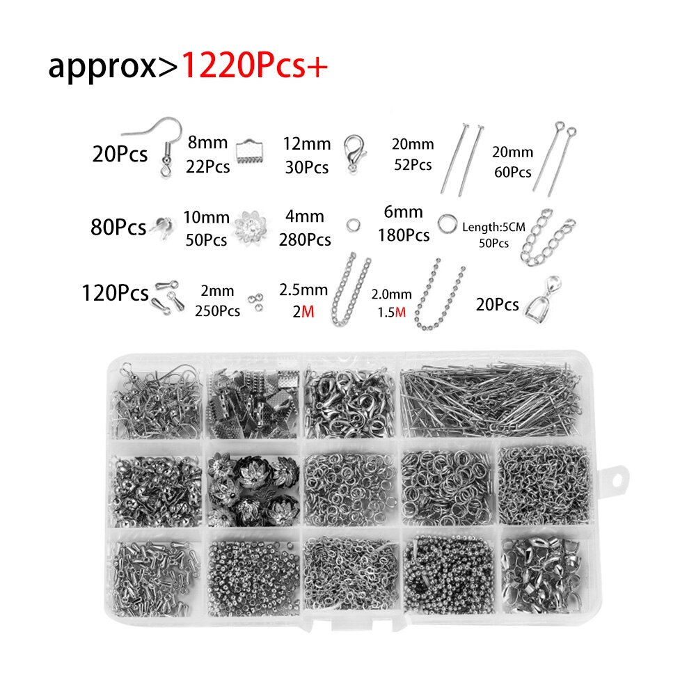 1220 Stks/set Oorbellen Haak Keten Open Jump Ring Headpins Diy Voor Ketting Bracelect Sieraden Maken Kits Vinden Benodigdheden Sets: Rhodium