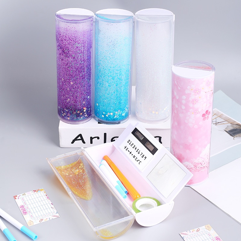 Pencil Case Translucent Quicksand Pencil Cases Multifunction Pencil Box Cylindrical Pencil Box Large Capacity Kid Whole
