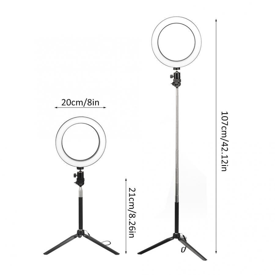 20cm Aluminium Alloy LED Ring Light 3200K-5500K Dimmable USB Port Photography Lamp with Tripod Selfie Stick Ring Light