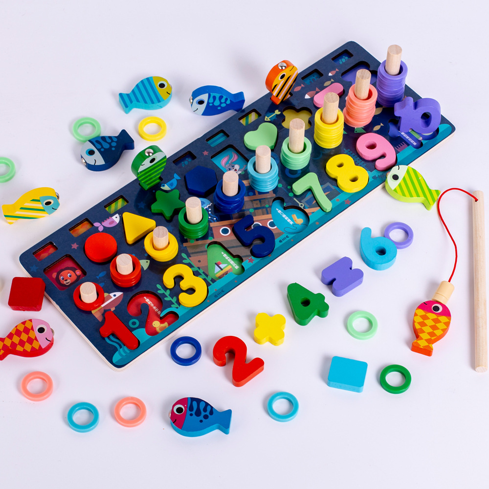 Montessori Educational Wooden Toys Children Busy Board Shape Color Math Matching Puzzle Magnetic Fishing Counting Toys: Three in One Blue