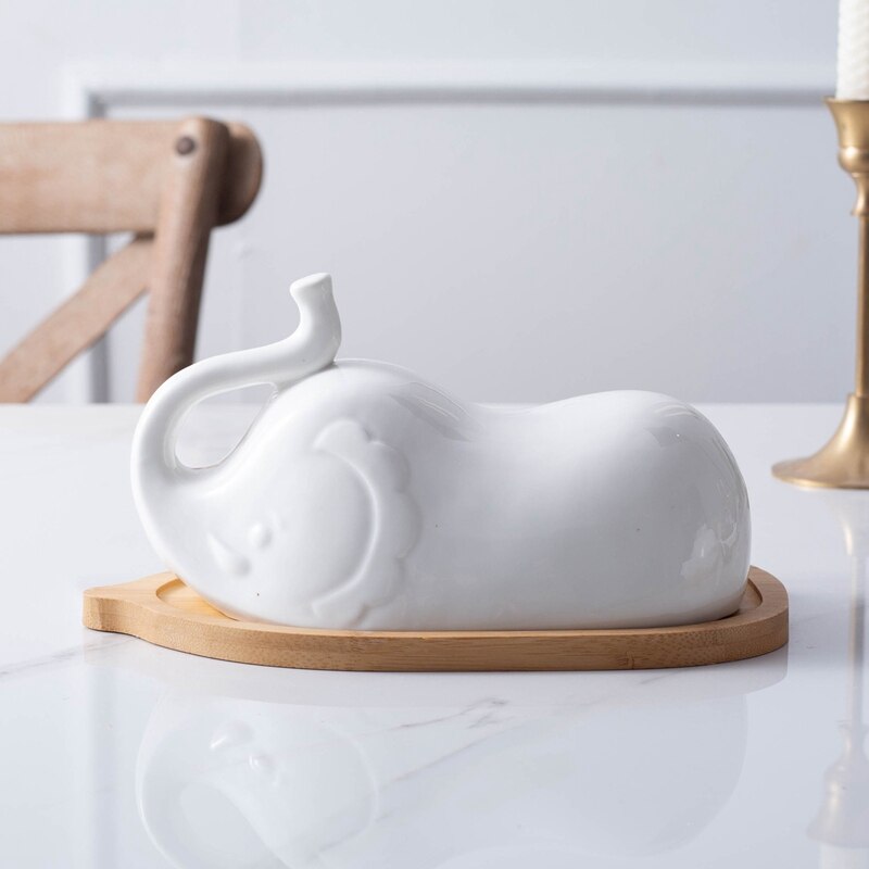 Elephant Butter Dish with Cover Ceramic Butter Keeper Large Porcelain Butter Container Margarine Holder for Kitchen
