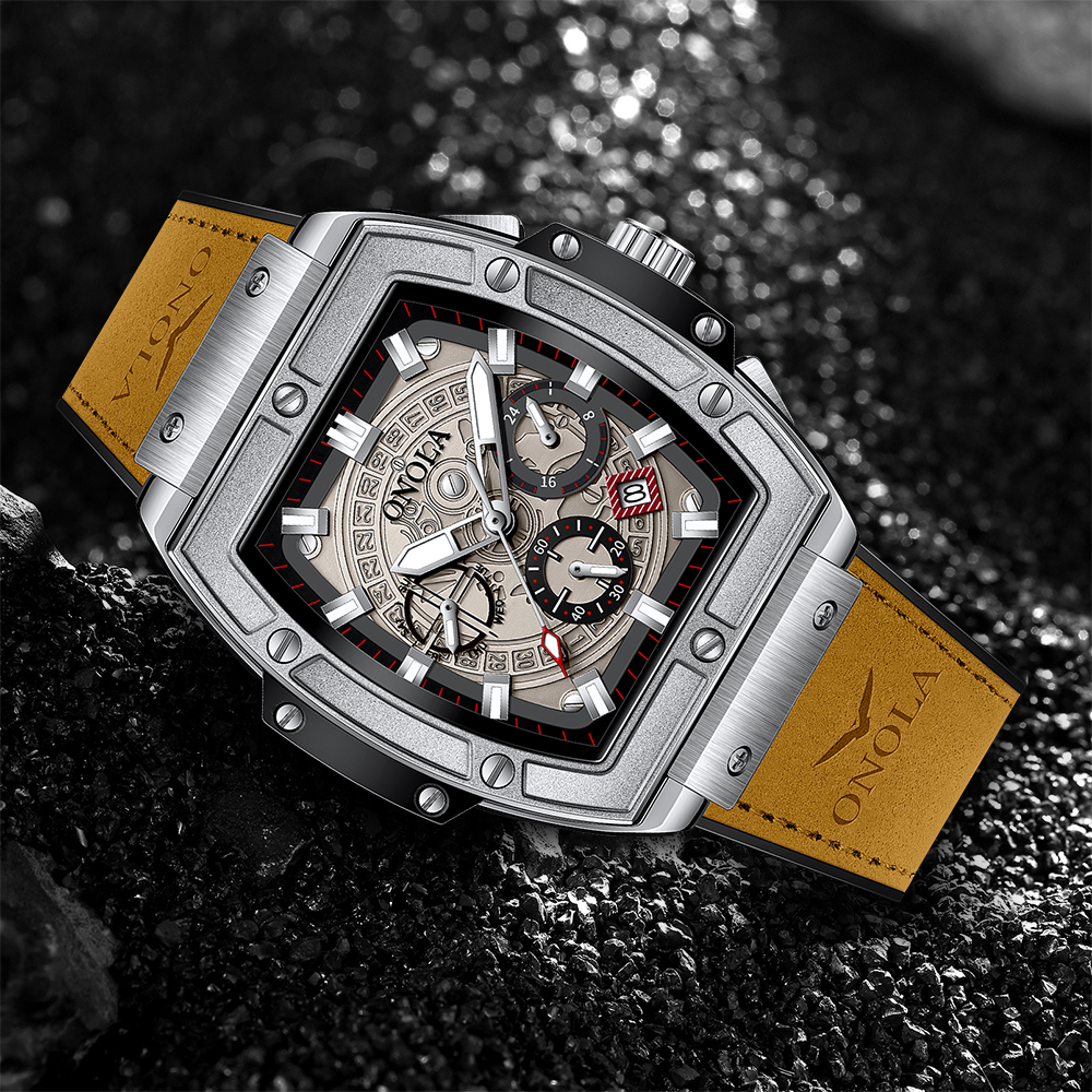 Relojes de lujo a la con clásico en forma de barril para hombre ONOLA, reloj de cuarzo de cuero informal resistente al agua multifuncional para hombre