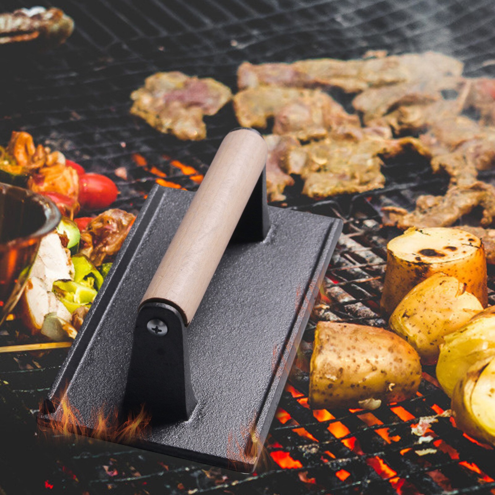 Kitchen Heavy Cast Flat Iron Steak Weight/Bacon Press with Wooden Handle, Heavy-Weight Grill Press Commercial Grade Burger