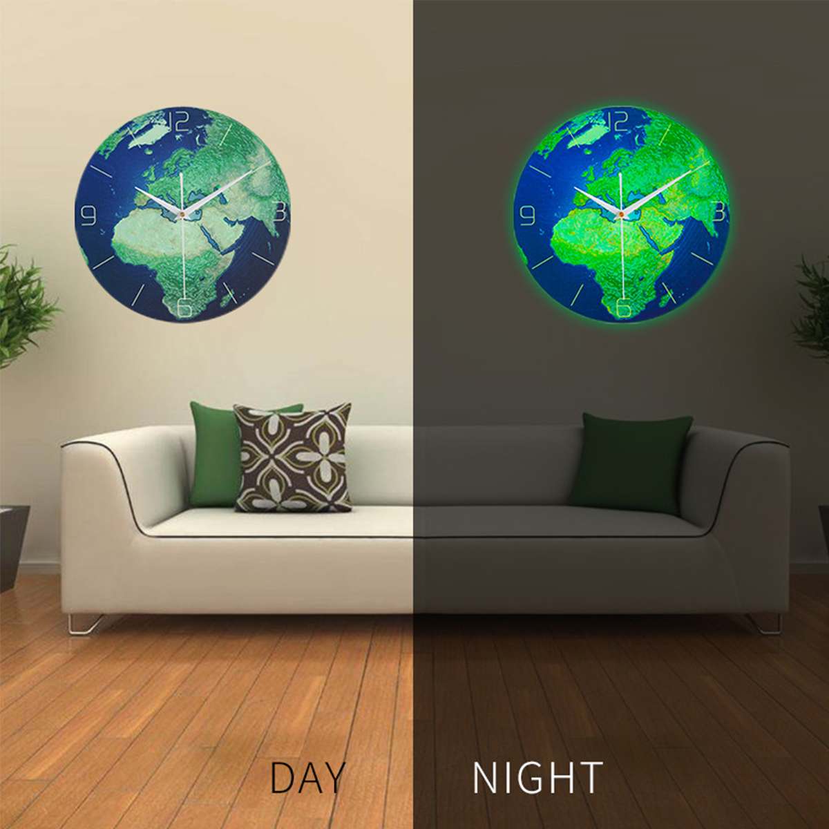 Mute Sweep Glowing Earth Clock Wall Clock Glow In the Dark Luminous for Kids Baby Room Bedroom Home Decor Earth Clock