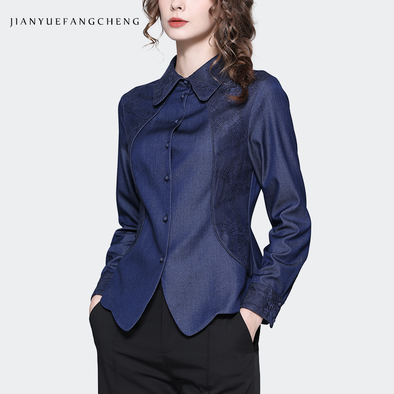 Women Long Sleeve Blue Denim Shirt Spring Vintage Embroidered Tops Pointed Collar Casual Button-down Blouses
