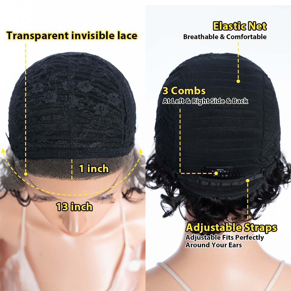 Peluca de cabello humano rizado para mujeres negras, Pelo Corto con corte Pixie, corte Bob, encaje frontal, 180 de densidad, 13x1, brasileño