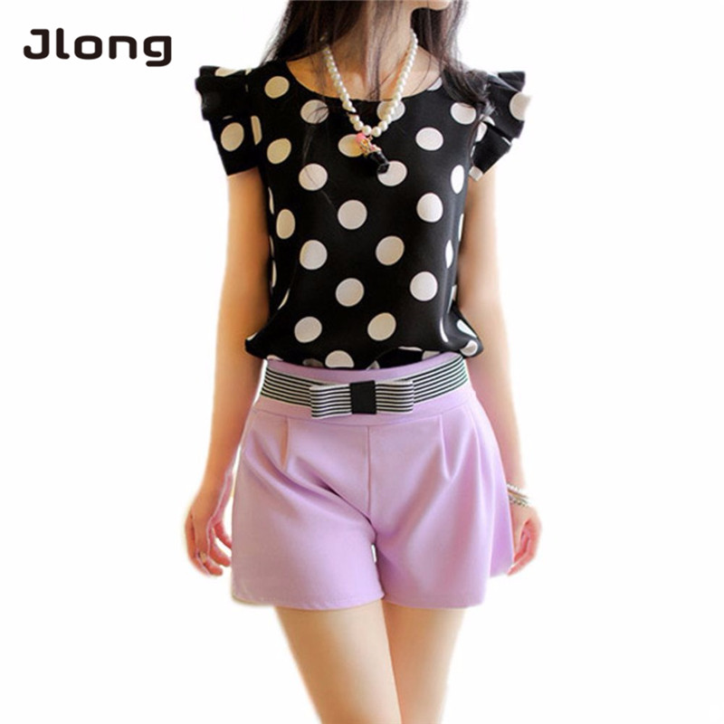 Mujer con lunares estampados Blusa de gasa Casual Camisa de manga corta Tops de verano
