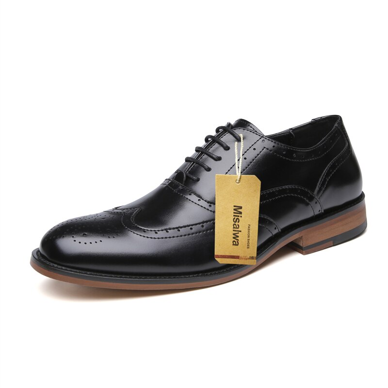 Misalwa full brogue gentleman klänning skor spetsiga snörning kontor företag bröllop kostym skor retro bruna pu läder skor